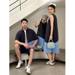 炸街親子裝一家三四口夏季薄款撞色短袖襯衫高級母女寬松連衣裙潮