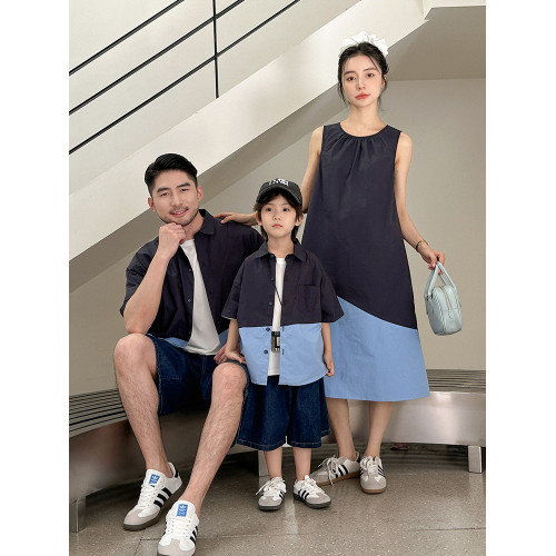 炸街親子裝一家三四口夏季薄款撞色短袖襯衫高級母女寬松連衣裙潮