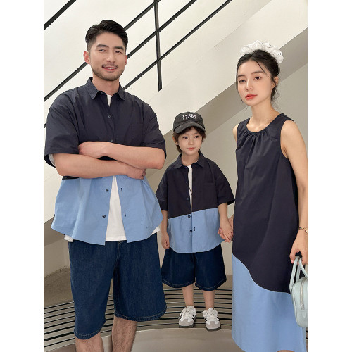 炸街親子裝一家三四口夏季薄款撞色短袖襯衫高級母女寬松連衣裙潮