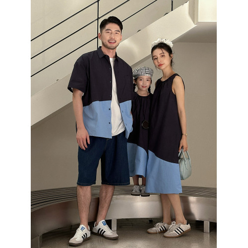 炸街親子裝一家三四口夏季薄款撞色短袖襯衫高級母女寬松連衣裙潮