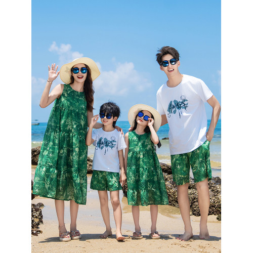 親子裝夏季一家三四口沙灘套裝三亞風海邊度假母女無袖休閒連衣裙