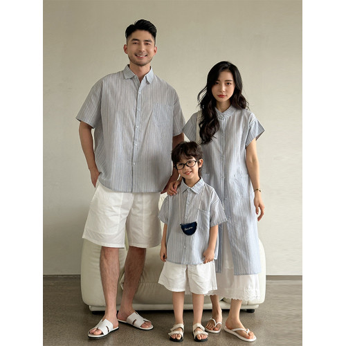 親子裝夏裝一家三口條紋短袖襯衫套裝洋氣炸街母子母女裝連衣裙潮