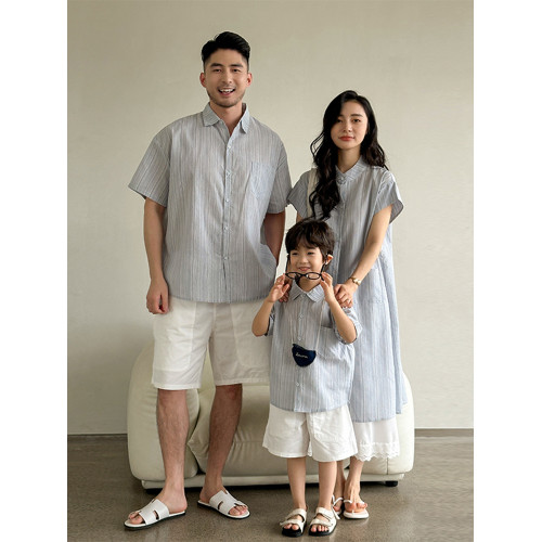 親子裝夏裝一家三口條紋短袖襯衫套裝洋氣炸街母子母女裝連衣裙潮