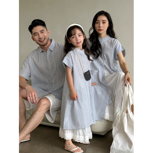 親子裝夏裝一家三口條紋短袖襯衫套裝洋氣炸街母子母女裝連衣裙潮