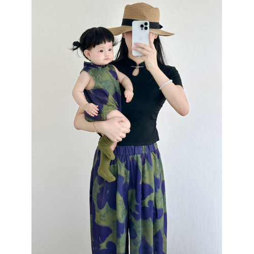 新中式一家三口親子裝母女連衣裙沙灘度假母子國風旗袍燈籠褲套裝
