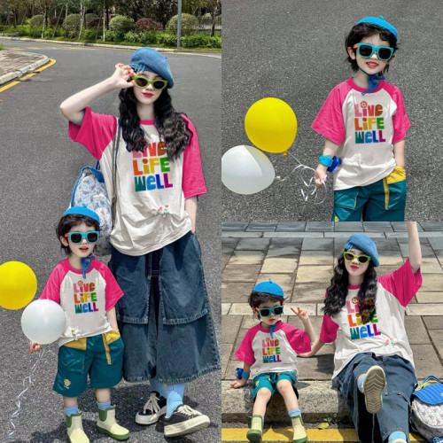 親子裝母女母子炸街高級2025夏款洋氣一家三口四口短袖T恤男女童