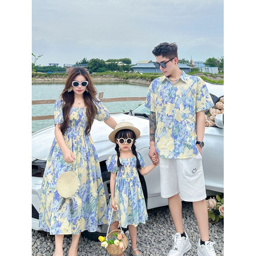 海邊度假親子裝母女款沙灘連衣裙一家三口四出遊母子夏威夷花襯衫