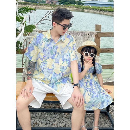 海邊度假親子裝母女款沙灘連衣裙一家三口四出遊母子夏威夷花襯衫