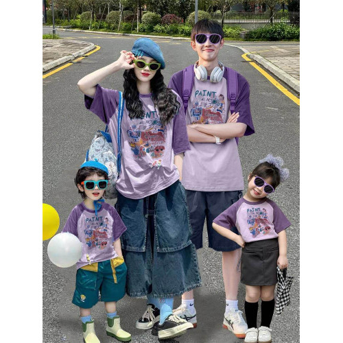 親子裝一家三口四口多巴胺母女母子T恤夏季洋氣海邊度假短袖t恤潮