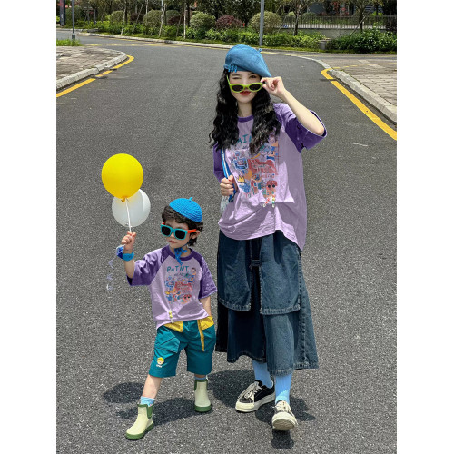 親子裝一家三口四口多巴胺母女母子T恤夏季洋氣海邊度假短袖t恤潮