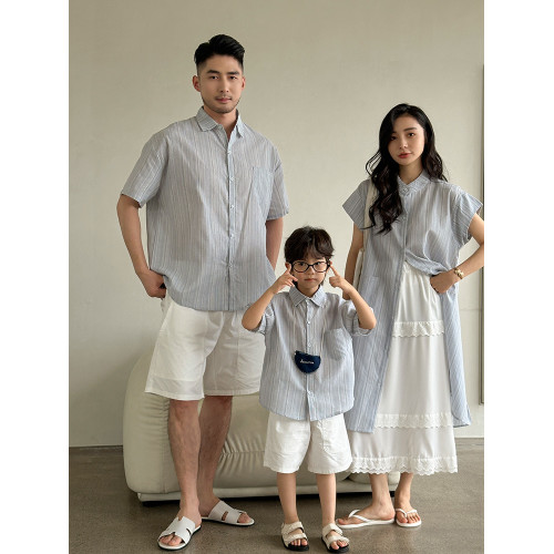 親子裝夏季一家三口兒童短袖襯衫套裝慵懶風曡穿兩件套連衣裙套裙