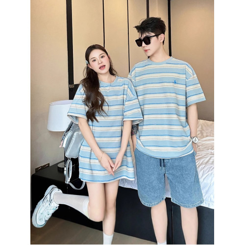 不一樣的小月齡親子裝2025新款高級一家三口母女嬰兒條紋短袖T恤
