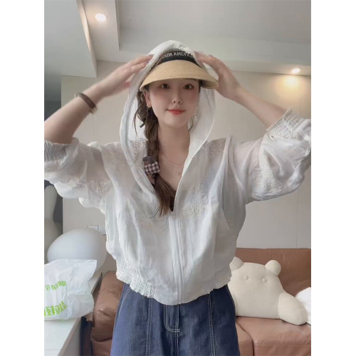 韓系連帽薄款防曬衣外套女2025夏季寬松減齡輕薄透氣刺綉苧麻上衣