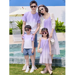 2025新款海邊度假親子裝一家三口套裝三亞沙灘漸變母女吊帶連衣裙