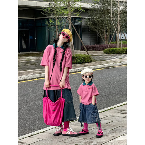 親子裝夏母子母女裝短袖高級一家三口四口Polo衫旅遊度假兒童t恤