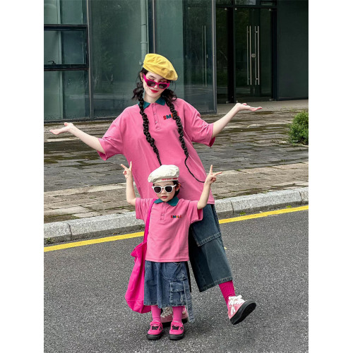親子裝夏母子母女裝短袖高級一家三口四口Polo衫旅遊度假兒童t恤
