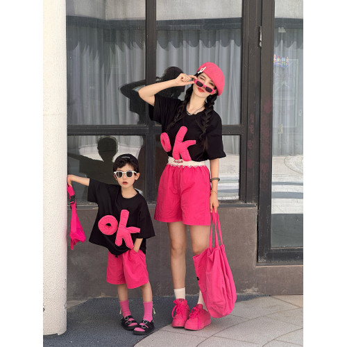 寬松休閒親子裝短袖T恤一家三口套裝2025新款夏季美式重磅母子裝