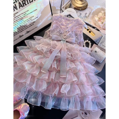 英國NTYUK 女童連衣裙夏裝2026新款洋氣兒童亮片公主裙演出禮服裙