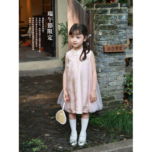 柒號童倉女大童新中式旗袍裙紗裙夏裝新款女童改良漢服裙盤釦古風