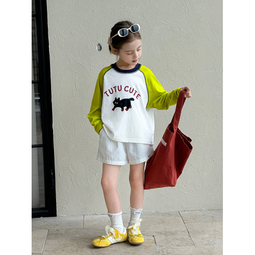 圖圖小象童裝T恤2026春夏新款女童長袖衫百搭撞色親子裝長袖上衣