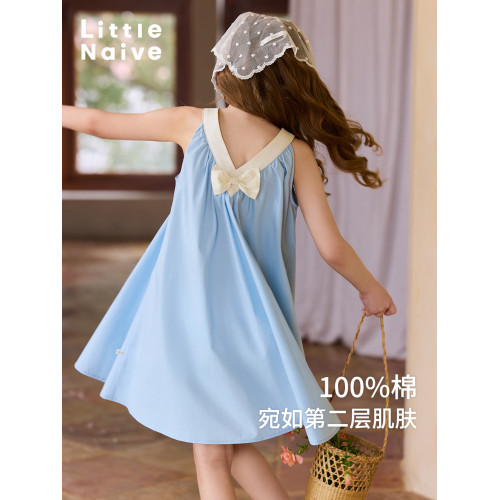 Little Naive兒童連衣裙夏季新款法式度假風裙子女童蝴蝶結背心裙