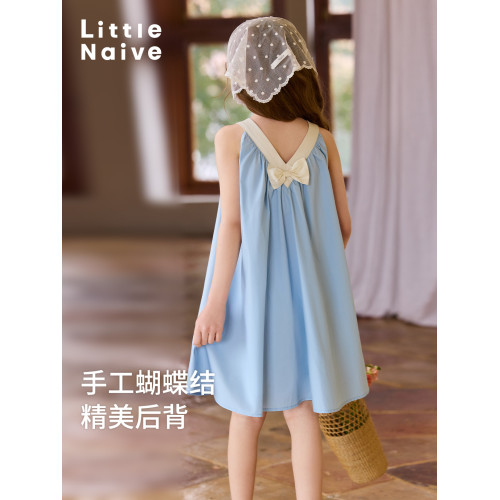 Little Naive兒童連衣裙夏季新款法式度假風裙子女童蝴蝶結背心裙