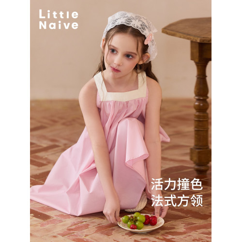 Little Naive兒童連衣裙夏季新款法式度假風裙子女童蝴蝶結背心裙