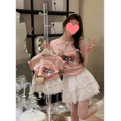 2024夏季女童T恤卡通洋氣蕾絲短裙套裝親子裝a類夏款母女炸街