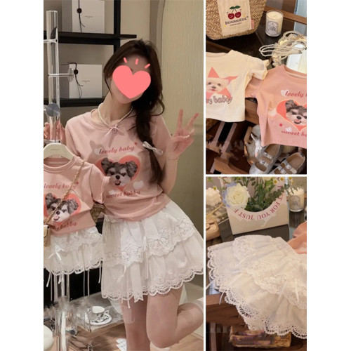 2024夏季女童T恤卡通洋氣蕾絲短裙套裝親子裝a類夏款母女炸街