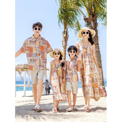 親子裝夏季一家三四口夏威夷襯衫母女海邊度假波西米亞吊帶連衣裙