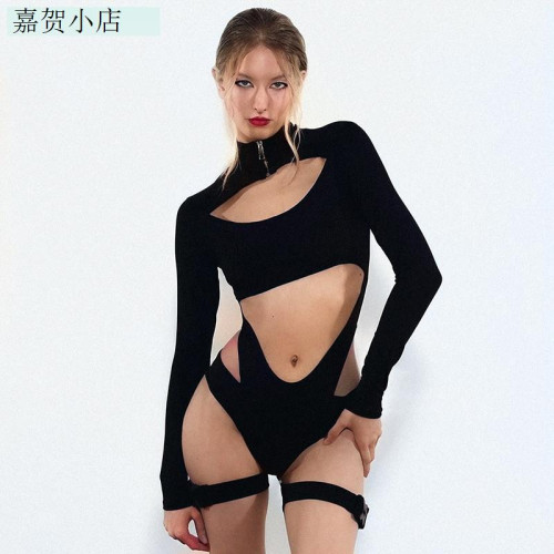 Long sleeved jumpsuit with exposed navel高腰長袖連體衣露臍女