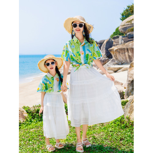 海邊度假親子裝一家三四口夏裝短袖襯衫小清新油畫母女母子沙灘裝
