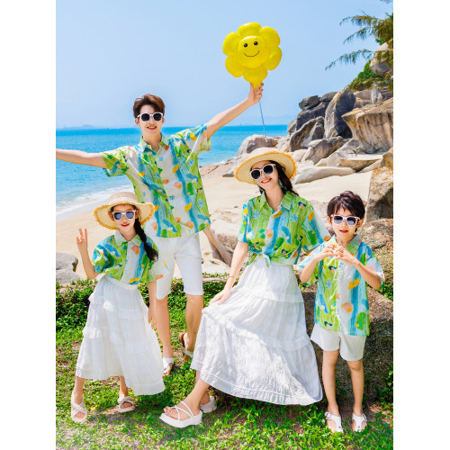 海邊度假親子裝一家三四口夏裝短袖襯衫小清新油畫母女母子沙灘裝