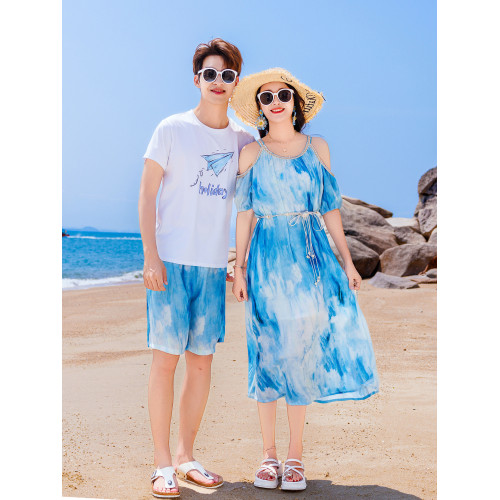 高級沙灘親子裝一家三口四口海邊度假夏季套裝波西米亞母女連衣裙