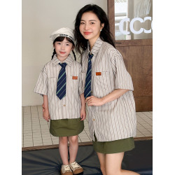 親子裝一家三口夏季高級感2025新款炸街母子裝條紋領帶親子襯衫潮
