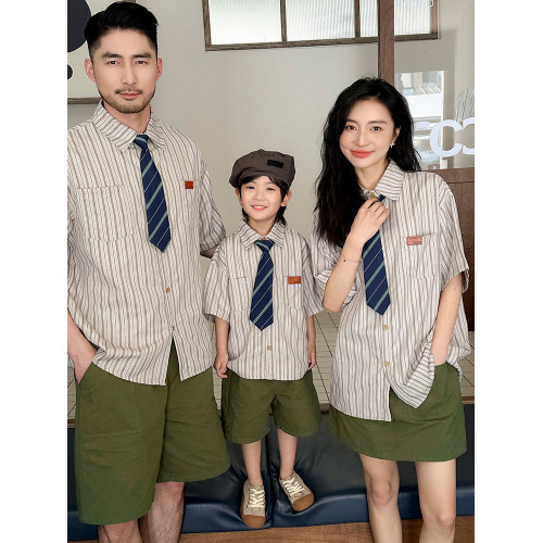 親子裝一家三口夏季高級感2025新款炸街母子裝條紋領帶親子襯衫潮