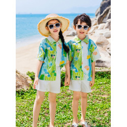 高級海邊度假親子裝短袖襯衫母女裝連衣裙一家三口夏季新款沙灘裙