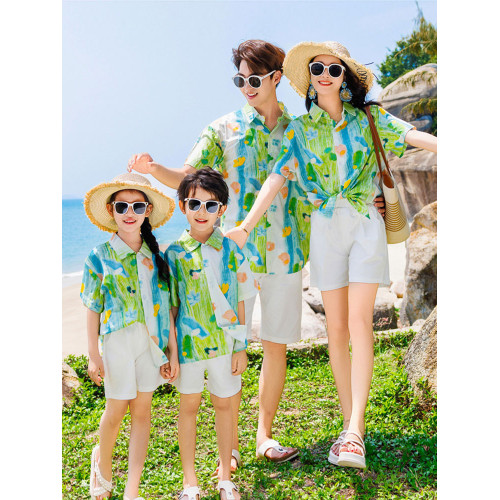 高級海邊度假親子裝短袖襯衫母女裝連衣裙一家三口夏季新款沙灘裙