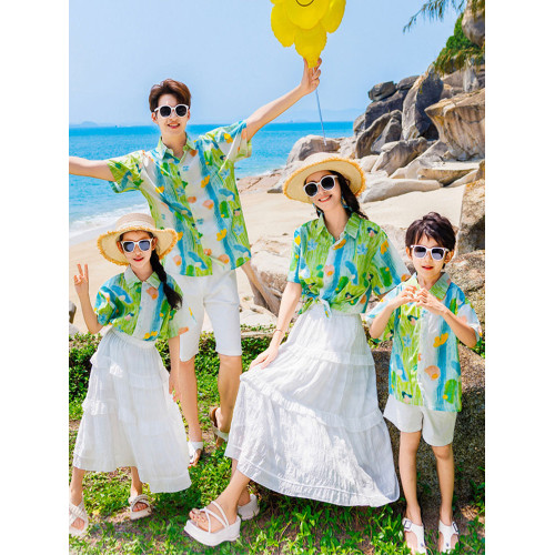 高級海邊度假親子裝短袖襯衫母女裝連衣裙一家三口夏季新款沙灘裙