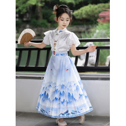 女童馬面裙套裝2025新款青花瓷連衣裙親子裝漢服風兒童表演服