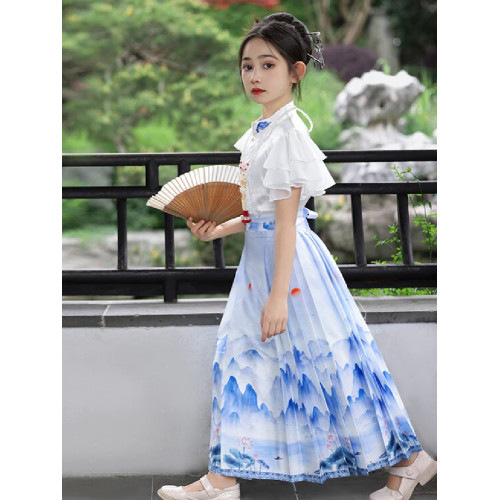 女童馬面裙套裝2025新款青花瓷連衣裙親子裝漢服風兒童表演服