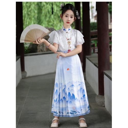 女童馬面裙套裝2025新款青花瓷連衣裙親子裝漢服風兒童表演服