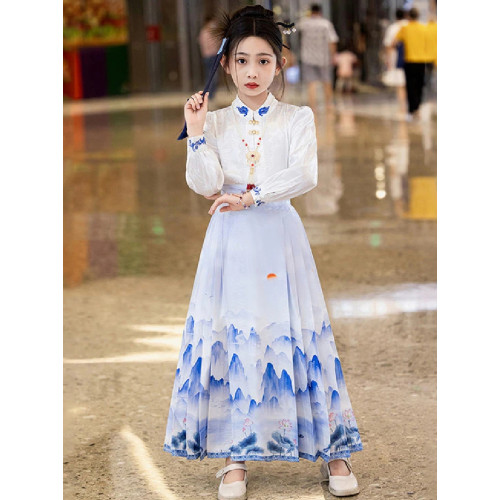 女童馬面裙套裝2025新款青花瓷連衣裙親子裝漢服風兒童表演服