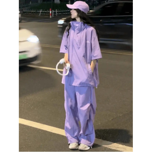 鹽系休閒運動套裝女2024夏季防曬衣女輕薄透氣防紫外線大碼三件套