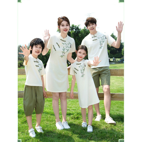國潮親子裝一家三口新款夏裝母子短袖套裝國風母女漢服旗袍連衣裙