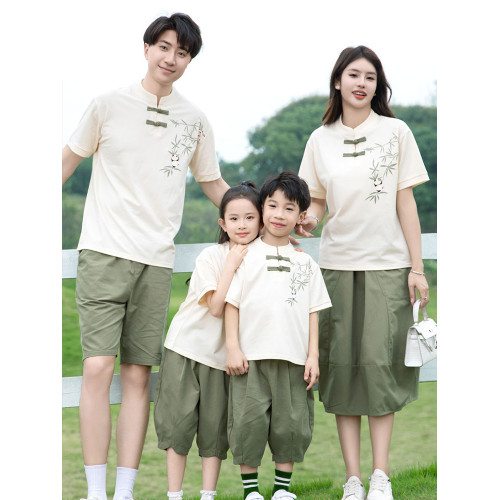 國潮親子裝一家三口新款夏裝母子短袖套裝國風母女漢服旗袍連衣裙