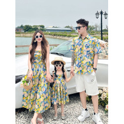 海邊度假親子裝母女裝一家三口四口出遊花色碎花襯衫衣沙灘連衣裙