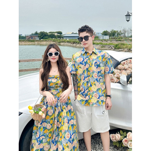 海邊度假親子裝母女裝一家三口四口出遊花色碎花襯衫衣沙灘連衣裙