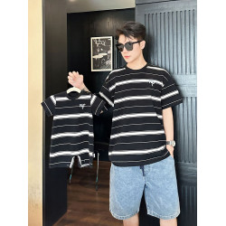 網紅條紋親子裝夏裝短袖一家三口四口小月齡拍照母子母女裝連衣裙