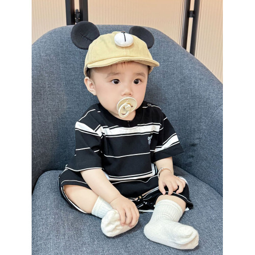網紅條紋親子裝夏裝短袖一家三口四口小月齡拍照母子母女裝連衣裙